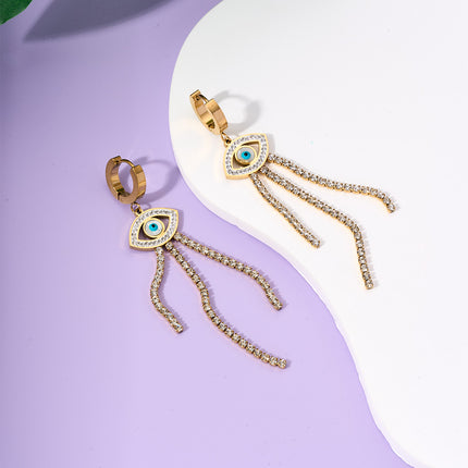 Aretes Largos Con Ojo De Demonio Con Flecos De Zirconia Acero De Titanio