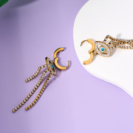 Aretes Largos Con Ojo De Demonio Con Flecos De Zirconia Acero De Titanio