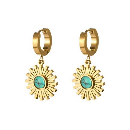 Aretes Con Rayos De Sol Y Esfera Azul-Verde Diseño Único Chapado En 18K