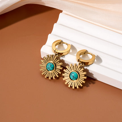 Aretes Con Rayos De Sol Y Esfera Azul-Verde Diseño Único Chapado En 18K
