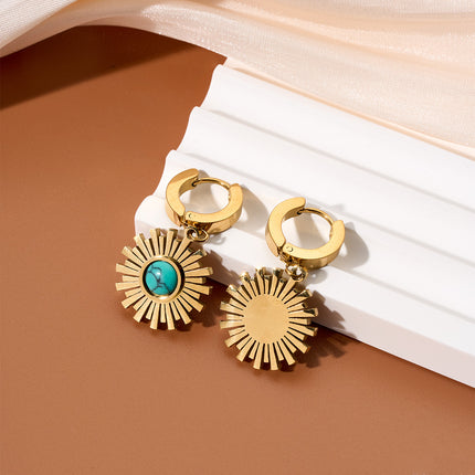 Aretes Con Rayos De Sol Y Esfera Azul-Verde Diseño Único Chapado En 18K