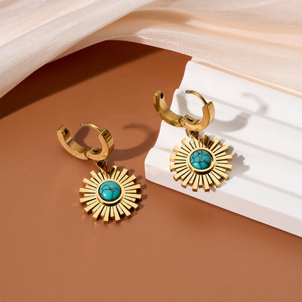 Aretes Con Rayos De Sol Y Esfera Azul-Verde Diseño Único Chapado En 18K