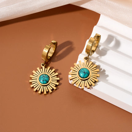 Aretes Con Rayos De Sol Y Esfera Azul-Verde Diseño Único Chapado En 18K