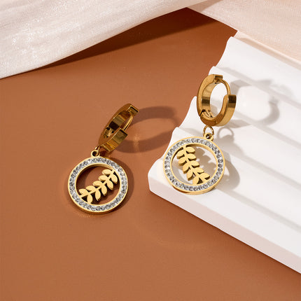 Aretes Con Colgante De Hoja Y Aro De Circonita, Pendientes Chapado En 18K Oro