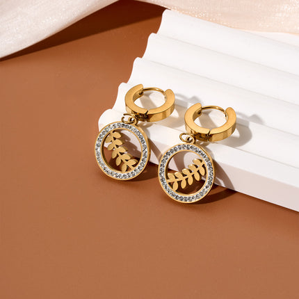 Aretes Con Colgante De Hoja Y Aro De Circonita, Pendientes Chapado En 18K Oro