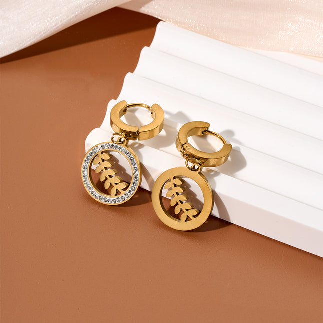 Aretes Con Colgante De Hoja Y Aro De Circonita, Pendientes Chapado En 18K Oro