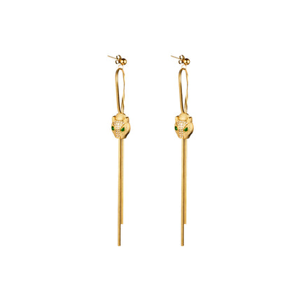 Aretes Largos Con Cabeza De Leopardo Y Zirconia, Acero De Titanio