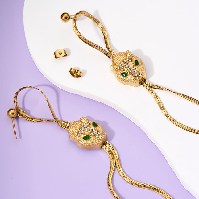Aretes Largos Con Cabeza De Leopardo Y Zirconia, Acero De Titanio