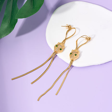 Aretes Largos Con Cabeza De Leopardo Y Zirconia, Acero De Titanio