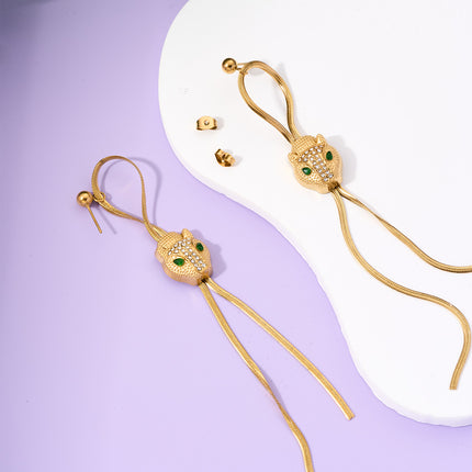 Aretes Largos Con Cabeza De Leopardo Y Zirconia, Acero De Titanio