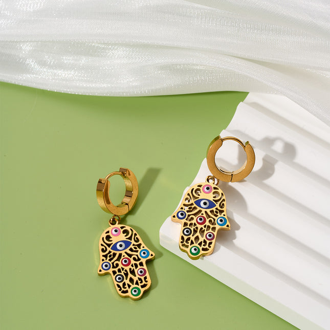 Aretes De Mano Diseño Hueca Embutido Ojo Del Diablo Chapados En 18K Oro