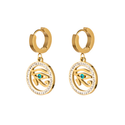 Aretes Colgantes Con Ojo De Círculo Exterior Incrustado En Circón Oro 18K