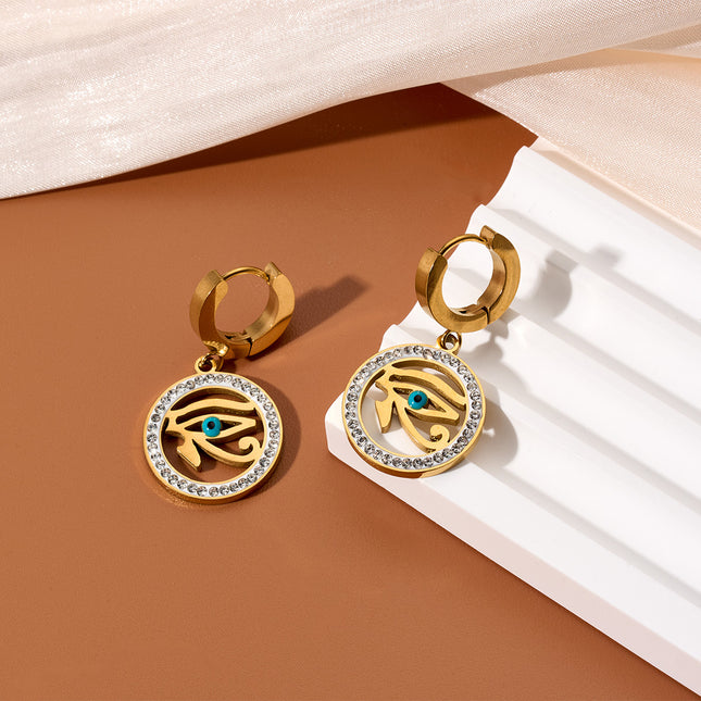 Aretes Colgantes Con Ojo De Círculo Exterior Incrustado En Circón Oro 18K