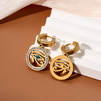 Aretes Colgantes Con Ojo De Círculo Exterior Incrustado En Circón Oro 18K