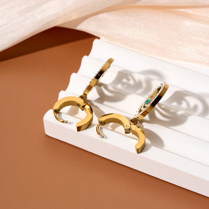 Aretes Colgantes Con Ojo De Círculo Exterior Incrustado En Circón Oro 18K