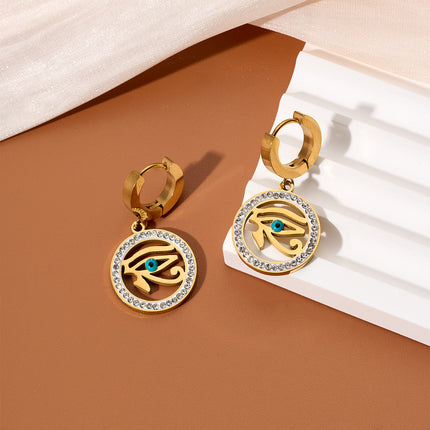 Aretes Colgantes Con Ojo De Círculo Exterior Incrustado En Circón Oro 18K