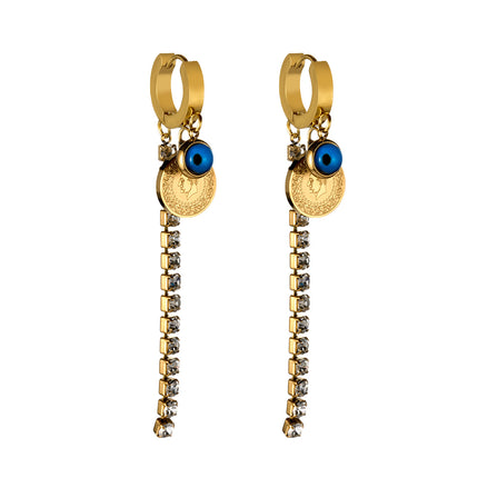 Aretes Largos Con Colgante De Ojo Azul, Placa Dorada Y Cadena De Zirconia