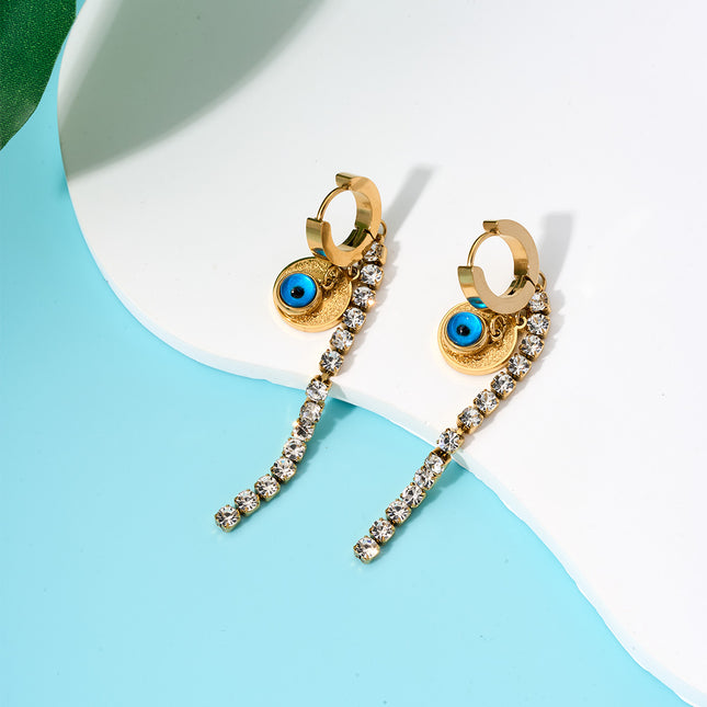 Aretes Largos Con Colgante De Ojo Azul, Placa Dorada Y Cadena De Zirconia