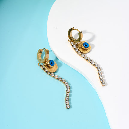 Aretes Largos Con Colgante De Ojo Azul, Placa Dorada Y Cadena De Zirconia