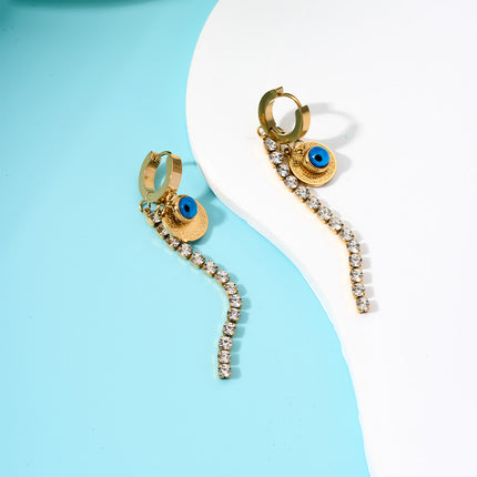 Aretes Largos Con Colgante De Ojo Azul, Placa Dorada Y Cadena De Zirconia
