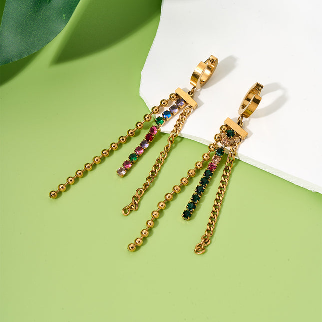 Aretes Largos De Titanio De Cadena Con Borlas De Zirconia De Colores