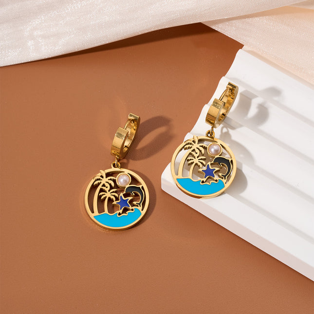 Aretes Con Diseño De Palmera Olas Y Delfín Incrustados Con Perlas