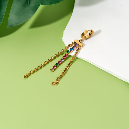 Aretes Largos De Titanio De Cadena Con Borlas De Zirconia De Colores