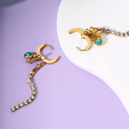 Aretes Largos De Hojas De Ginkgo Con Zirconia Y Turquesa Acero De Titanio