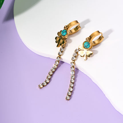 Aretes Largos De Hojas De Ginkgo Con Zirconia Y Turquesa Acero De Titanio