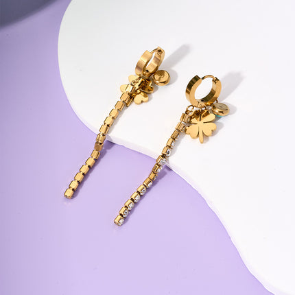 Aretes Largos De Hojas De Ginkgo Con Zirconia Y Turquesa Acero De Titanio