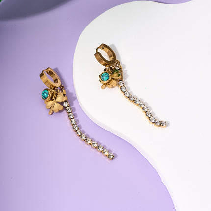 Aretes Largos De Hojas De Ginkgo Con Zirconia Y Turquesa Acero De Titanio