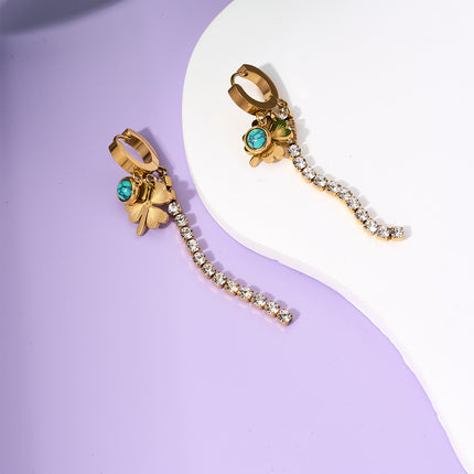 Aretes Largos De Hojas De Ginkgo Con Zirconia Y Turquesa Acero De Titanio