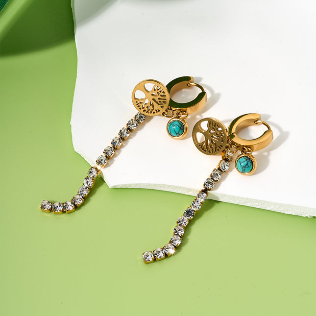Aretes Y2K Con Colgante De Árbol De La Vida, Turquesa Y Zirconia