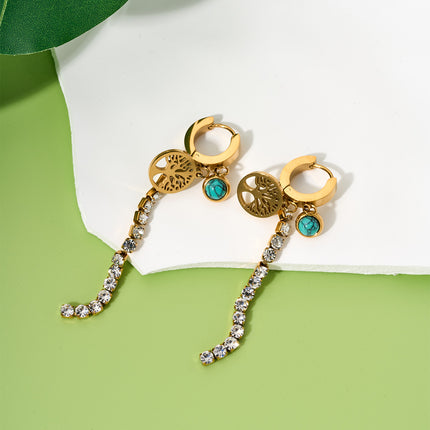 Aretes Y2K Con Colgante De Árbol De La Vida, Turquesa Y Zirconia