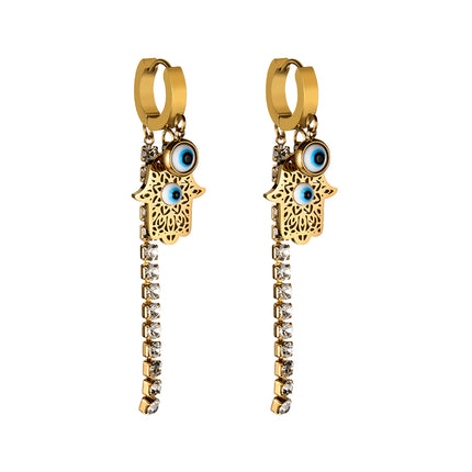 Aretes Largos Titanio De Cadena Con Mano Y Ojo Del Diablo, Zirconia
