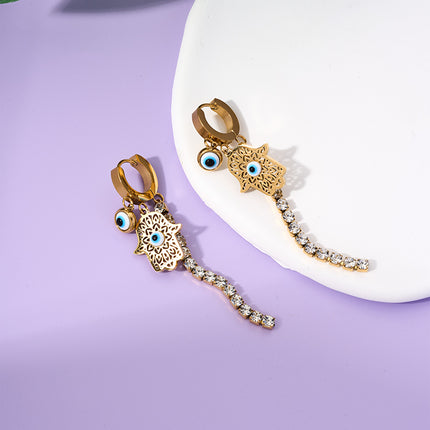 Aretes Largos Titanio De Cadena Con Mano Y Ojo Del Diablo, Zirconia