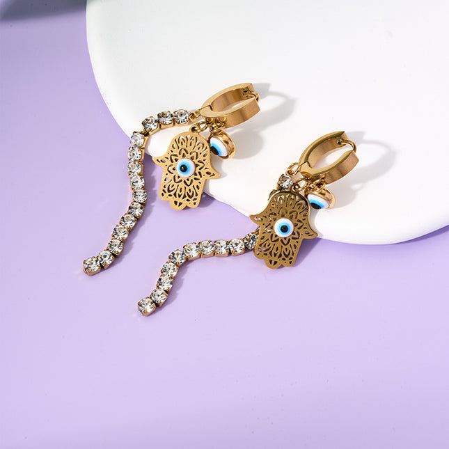 Aretes Largos Titanio De Cadena Con Mano Y Ojo Del Diablo, Zirconia