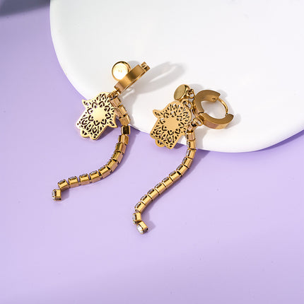 Aretes Largos Titanio De Cadena Con Mano Y Ojo Del Diablo, Zirconia