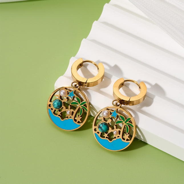 Aretes De 18K Oro Estilo Relajado De Vacaciones Con Turquesa Y Perlas Diseño Hueco