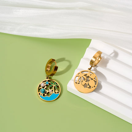 Aretes De 18K Oro Estilo Relajado De Vacaciones Con Turquesa Y Perlas Diseño Hueco