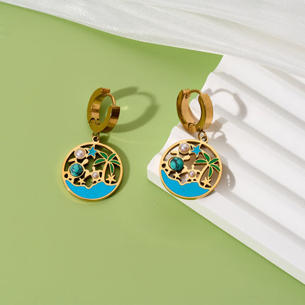 Aretes De 18K Oro Estilo Relajado De Vacaciones Con Turquesa Y Perlas Diseño Hueco