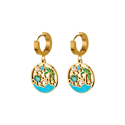 Aretes De 18K Oro Estilo Relajado De Vacaciones Con Turquesa Y Perlas Diseño Hueco