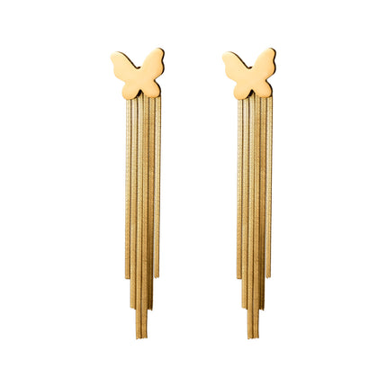 Aretes Largos Dorado De Borla Con Mariposa Elegante De Acero Titanio