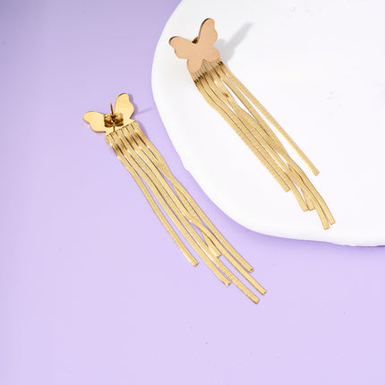 Aretes Largos Dorado De Borla Con Mariposa Elegante De Acero Titanio