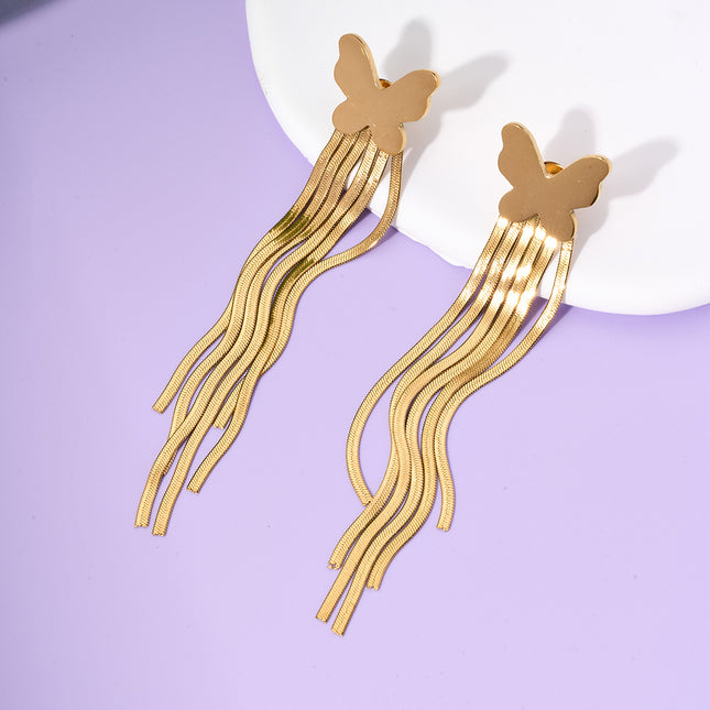 Aretes Largos Dorado De Borla Con Mariposa Elegante De Acero Titanio