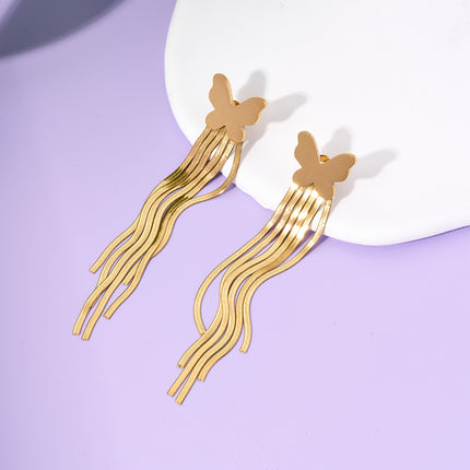 Aretes Largos Dorado De Borla Con Mariposa Elegante De Acero Titanio