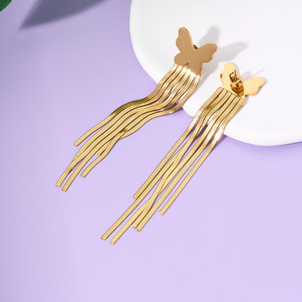 Aretes Largos Dorado De Borla Con Mariposa Elegante De Acero Titanio