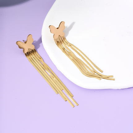 Aretes Largos Dorado De Borla Con Mariposa Elegante De Acero Titanio