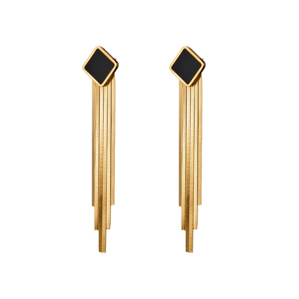 Aretes Largos De Borla Con Diseño Clásico De Cubo Negro Acero Titanio