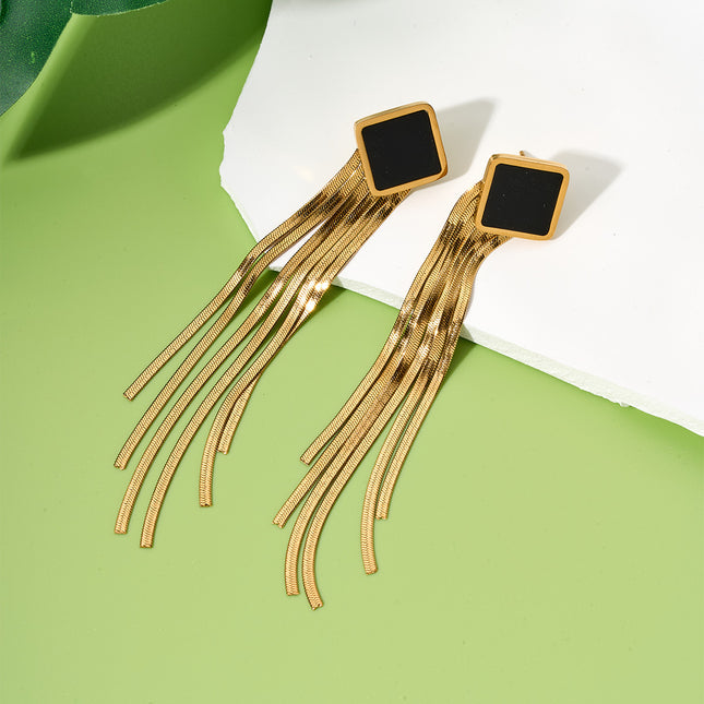 Aretes Largos De Borla Con Diseño Clásico De Cubo Negro Acero Titanio
